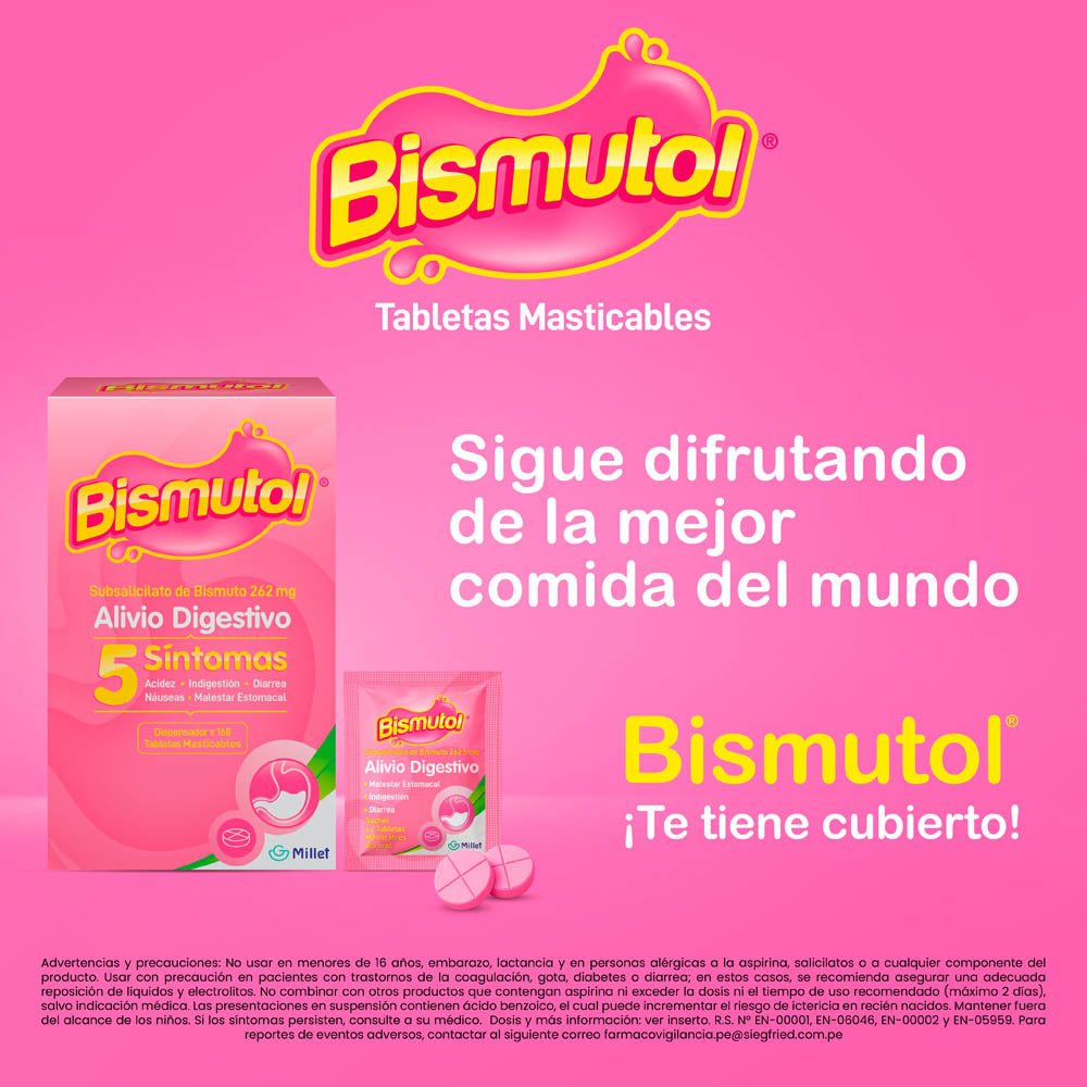 Bismutol 262.5mg Tableta Masticable - Caja 80 Sobres
