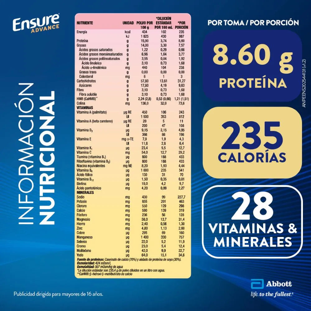 Ensure Advance con HMB en Polvo Sabor Fresa Plátano - Lata 850 g