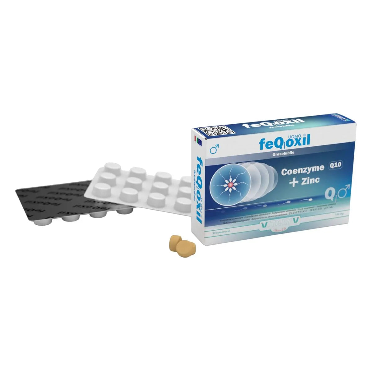 Caja de Feqoxil Uomo de 30 comprimidos masticables para soporte de fertilidad masculina en la tienda virtual Farmasia Perú.