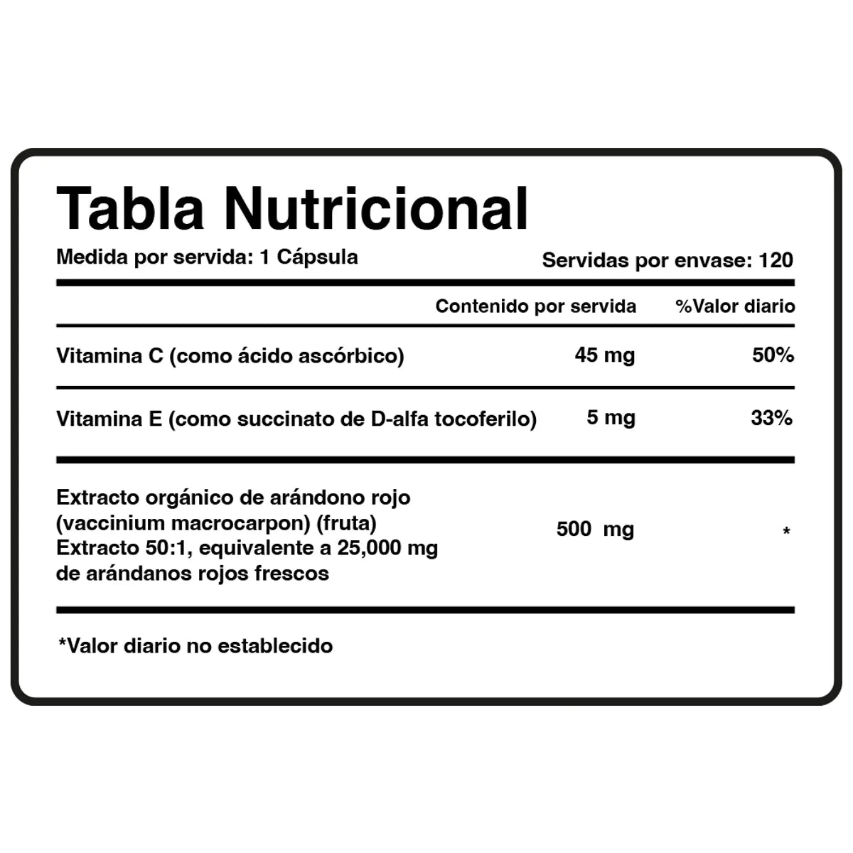 Cranberry + Vitamina C y E - Frasco de 120 Cápsulas